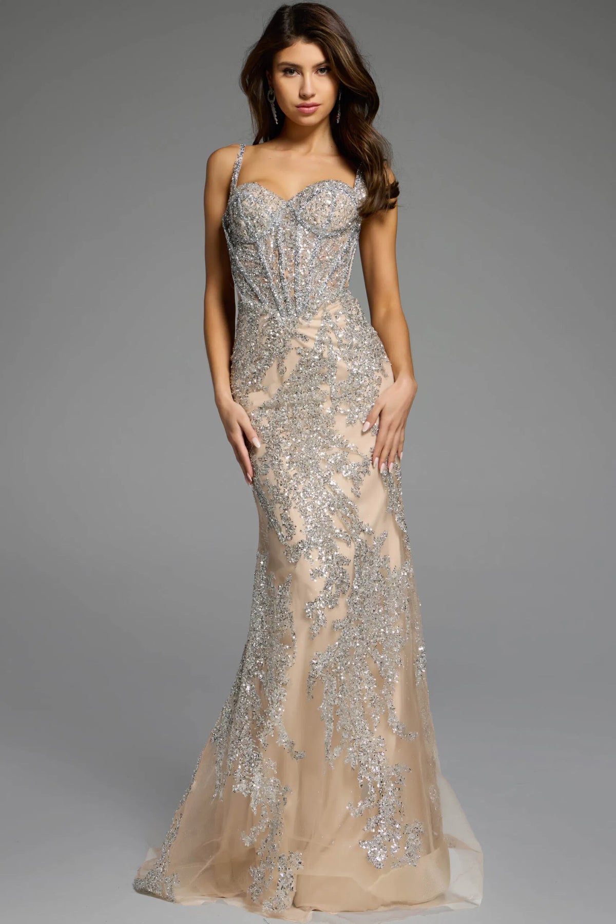 Jovani - 40470 - Glitter Embellished Gown with Lace-Up Back