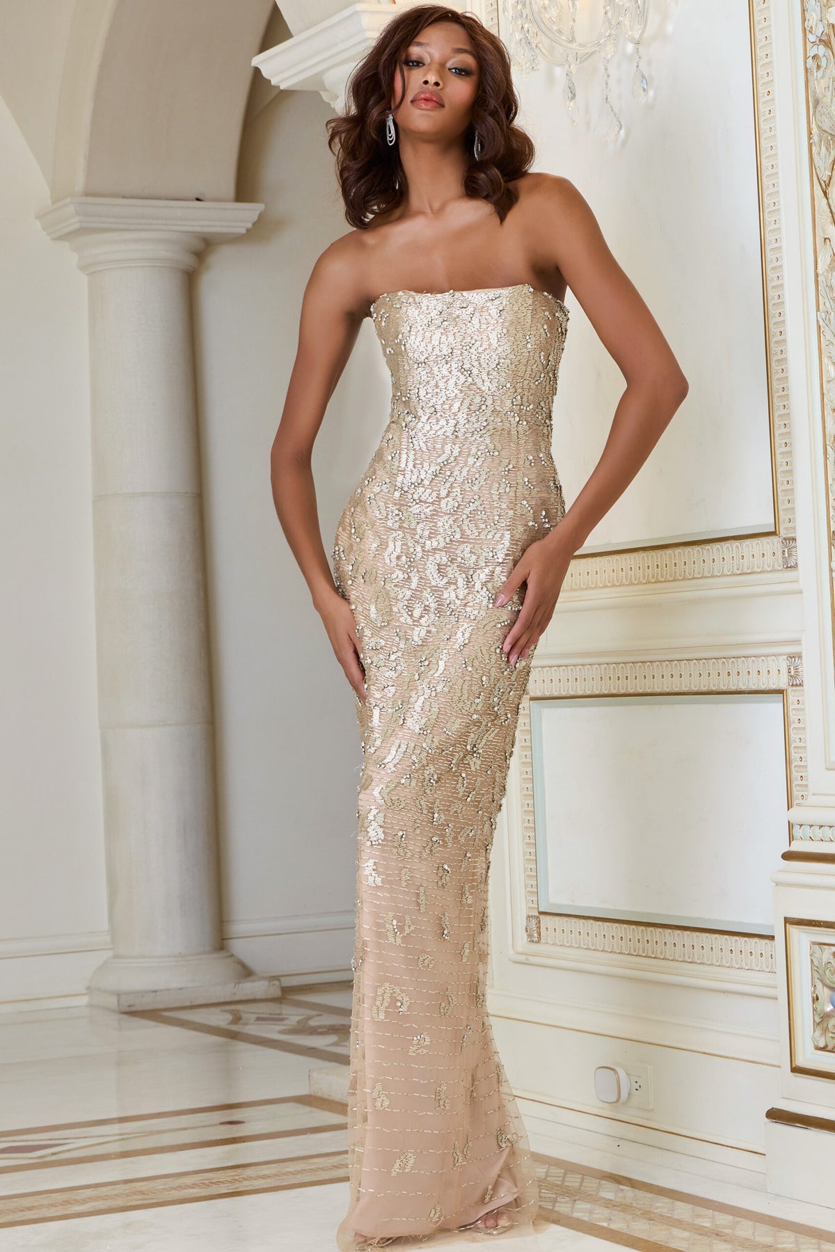 column dress Satin Embellished Corset with Side Drape missy / 10 / gold V open back Jovani - 40887 - Strapless