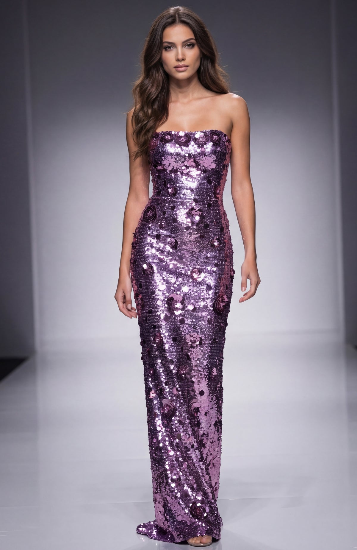 Jovani - 42154 - Strapless Sequin Fitted Gown with Floral Appliqué