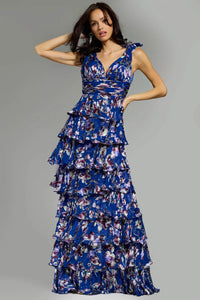 Jovani 42381 Ruffled Floral Gown featuring cascading ruffled tiers, floral print, plunging neckline, and shoulder ties for formal occasions.