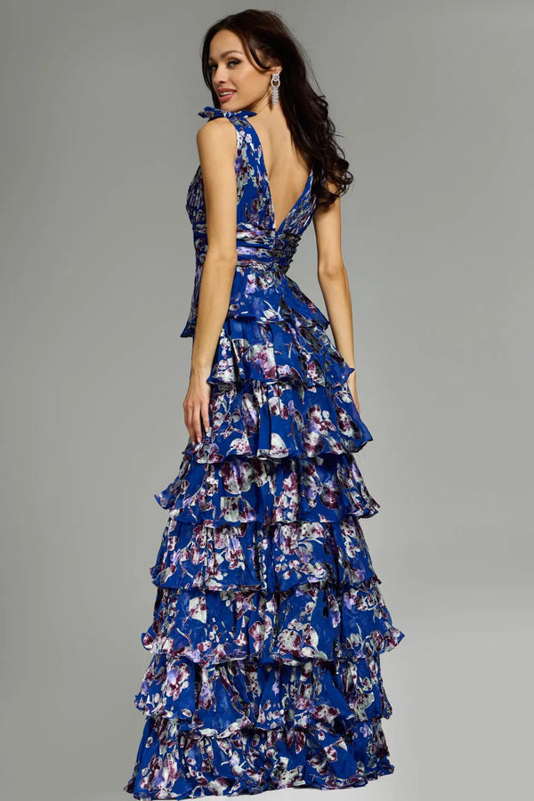 Jovani 42381 Ruffled Floral Gown featuring cascading ruffled tiers, floral print, plunging neckline, and shoulder ties for formal occasions.