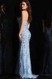 Jovani 4247 Fully Beaded Strapless Prom Gown - A dazzling and fully beaded strapless prom gown with a sweetheart neckline, left leg slit, and a sweeping train for a glamorous entrance.