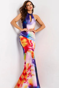 Woman wearing a colorful tie-dye dress on a white background