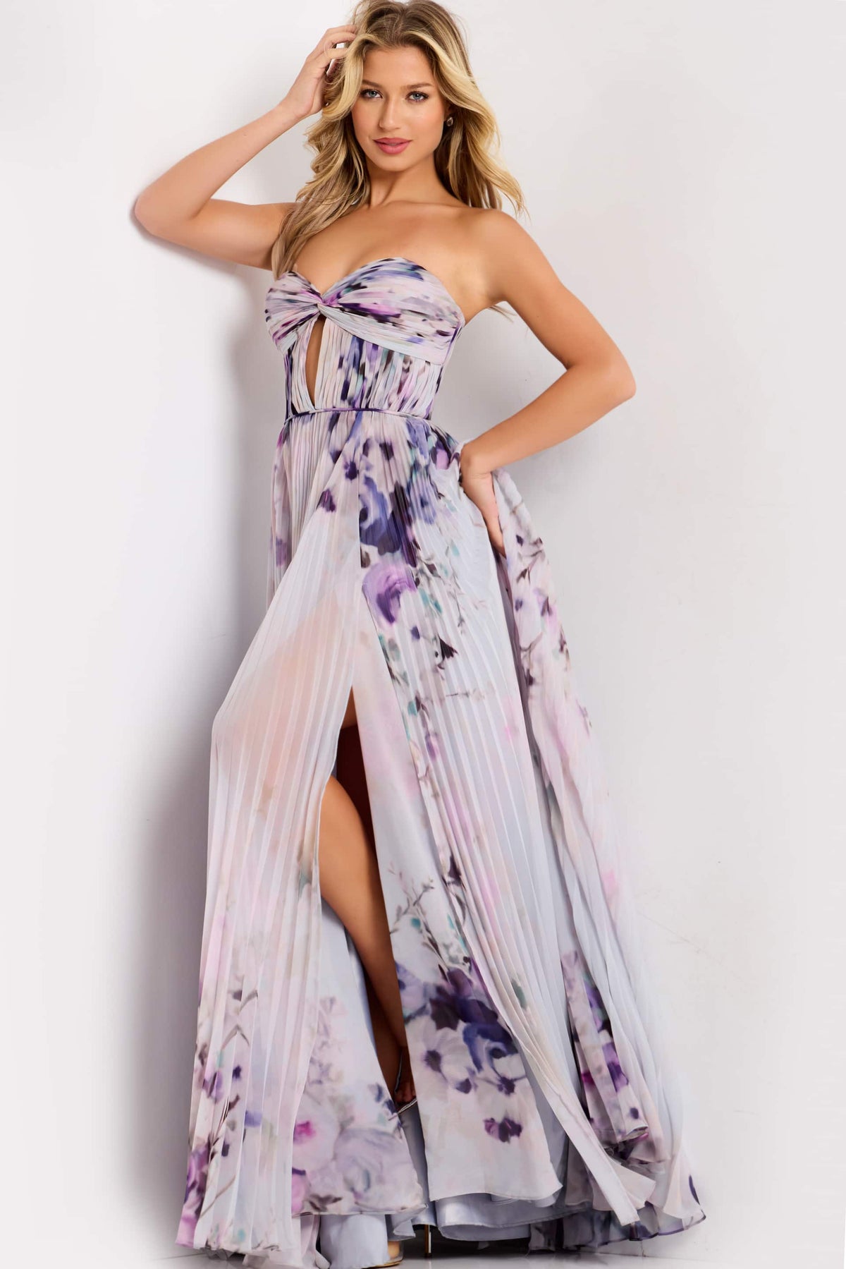 Jovani - 42564 - Strapless Pleated Floral Evening Gown