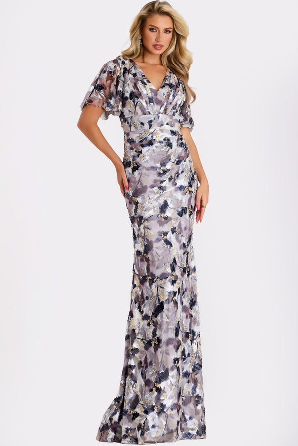 Model wearing Jovani 43046 sequin gown with flutter sleeves, V-neckline, and open back with tie detail.