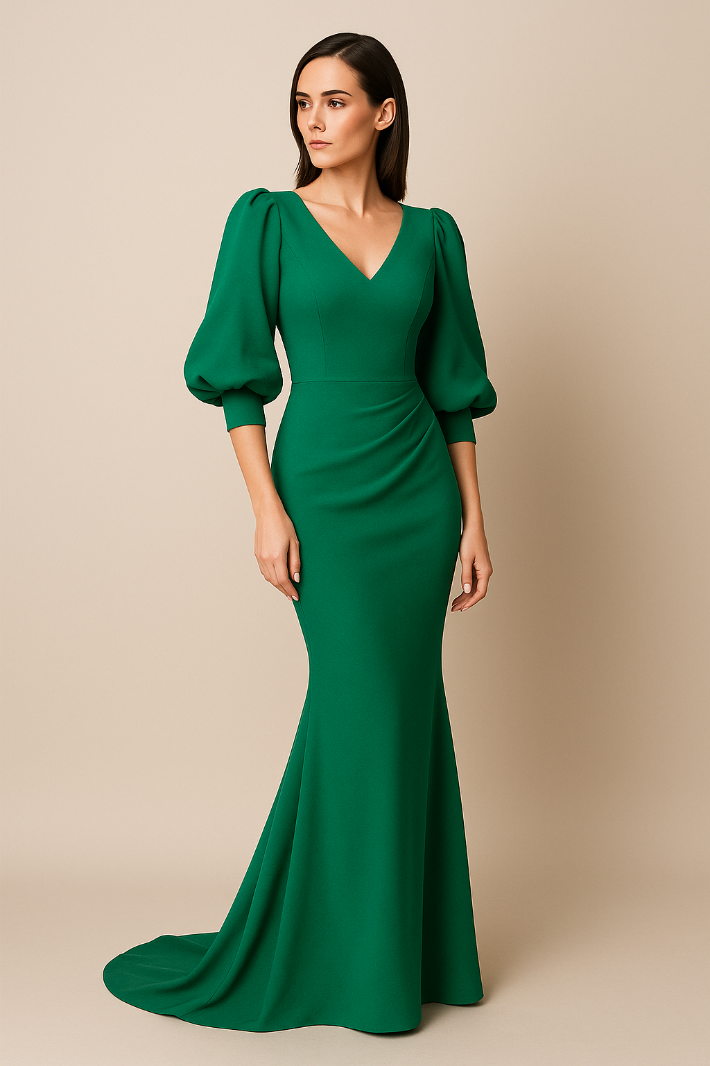 Model wearing Jovani 43052 mermaid gown with puff sleeves and elegant fitted silhouette.