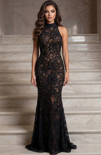 Model wearing Jovani 43352 halter lace gown with illusion bodice and fitted silhouette.