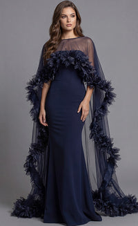 Jovani - 44321 - Column Gown with Sheer Cape and Floral Appliqué