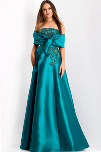 Model wearing Jovani 44352 strapless evening gown with embellished bodice and flowing A-line skirt.