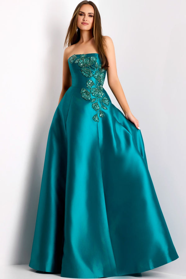 Model wearing Jovani 44352 strapless evening gown with embellished bodice and flowing A-line skirt.