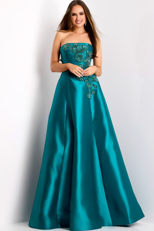 Model wearing Jovani 44352 strapless evening gown with embellished bodice and flowing A-line skirt.