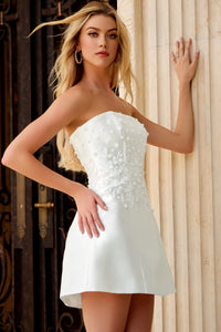 Model wearing Jovani 44855 A-line mini dress with beaded embroidery and 3D appliqué.