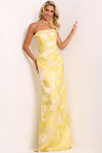 Model wearing Jovani 45289 strapless floral column gown with straight neckline, high slit, and matching drape.
