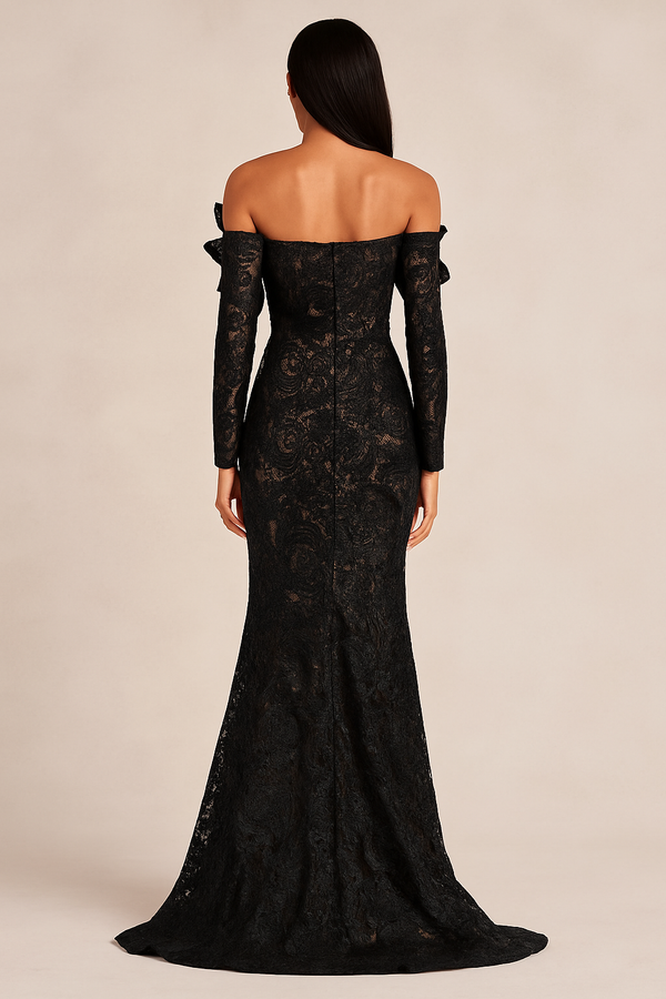 Model wearing Jovani 45345 off-shoulder lace gown with long sleeves, mermaid silhouette, and 3D floral appliqué detail.  Back View.