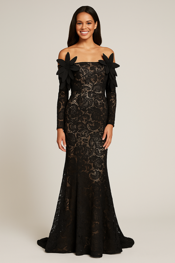 Model wearing Jovani 45345 off-shoulder lace gown with long sleeves, mermaid silhouette, and 3D floral appliqué detail.  Front View.