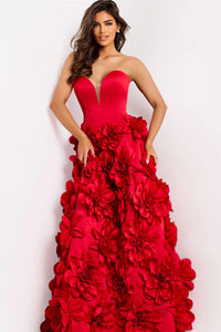 Model wearing Jovani 45661 strapless ball gown featuring a sculpted bodice and dramatic 3D floral skirt.