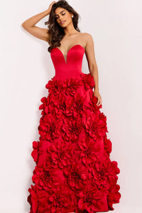 Model wearing Jovani 45661 strapless ball gown featuring a sculpted bodice and dramatic 3D floral skirt.