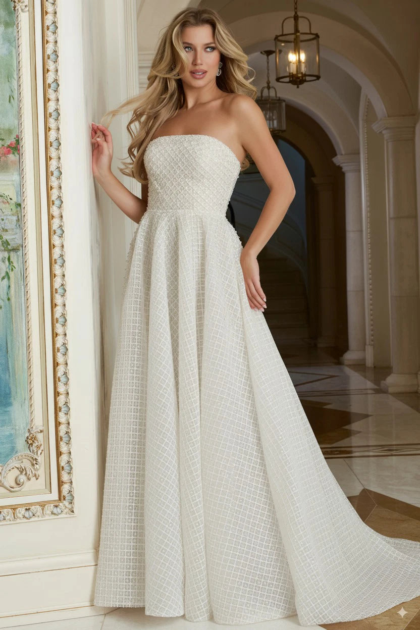 jovani a line dress Jovani 39435 Deep V-Neck Sleeveless Corset Bridal Dress IVORY / 4