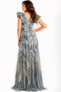 Jovani - 45942 - V-Neck Ruffled Cap Sleeve A-Line Gown