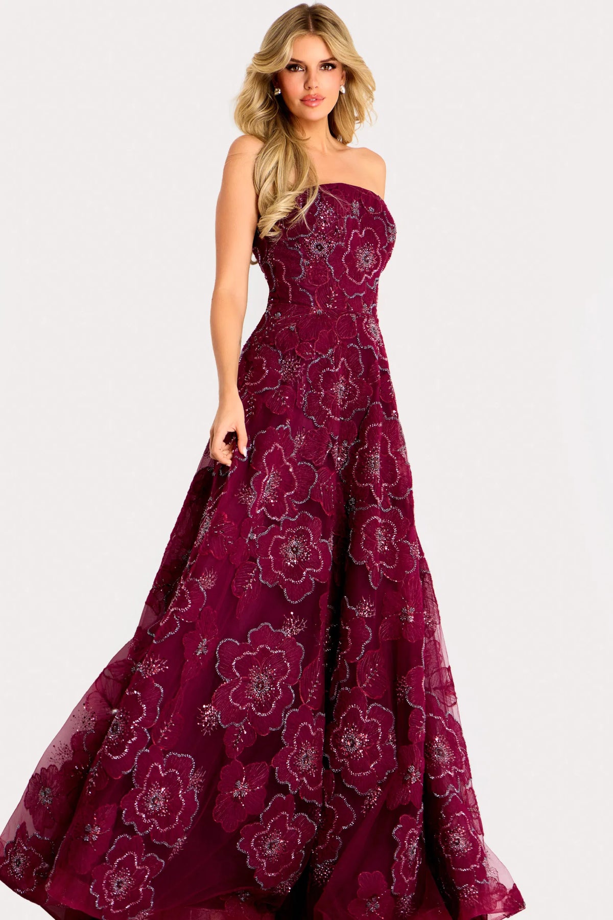 Jovani - 46033 - Strapless Floral-Embellished A-Line Gown