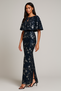 Model wearing Jovani 46431 two-piece column gown with sequin floral detailing, shown strapless and with matching jacket/bolero.