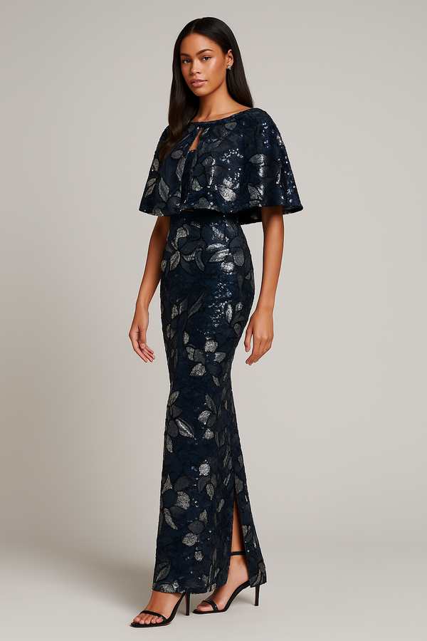 Model wearing Jovani 46431 two-piece column gown with sequin floral detailing, shown strapless and with matching jacket/bolero.