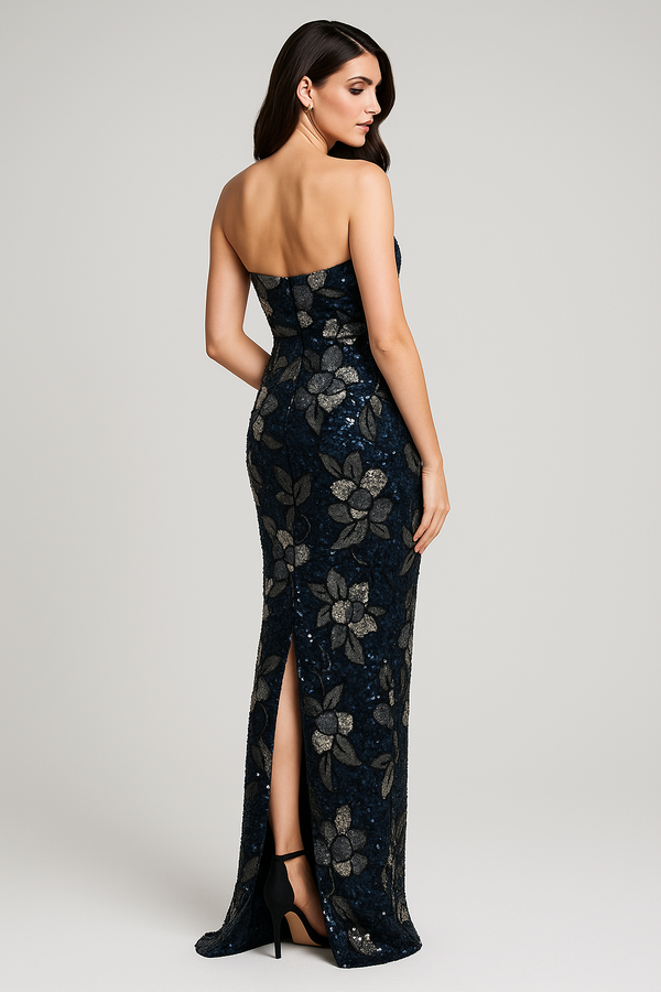 Model wearing Jovani 46431 two-piece column gown with sequin floral detailing, shown strapless and without matching jacket/bolero.  Back View of the dress.