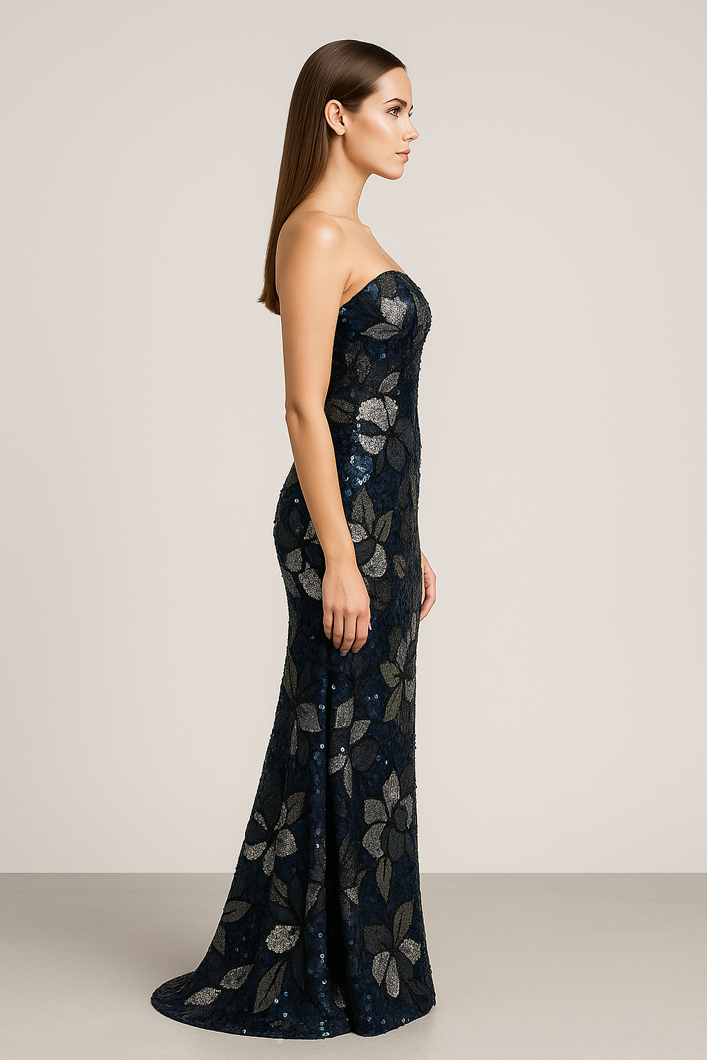 Model wearing Jovani 46431 two-piece column gown with sequin floral detailing, shown strapless and without matching jacket/bolero.  Side view of the dress.