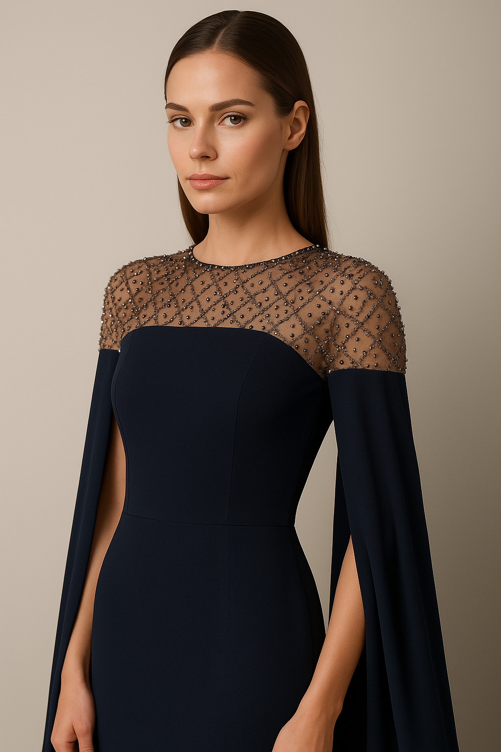 Model wearing Jovani 46522 evening gown with sheer beaded neckline, cape sleeves, and fitted silhouette.