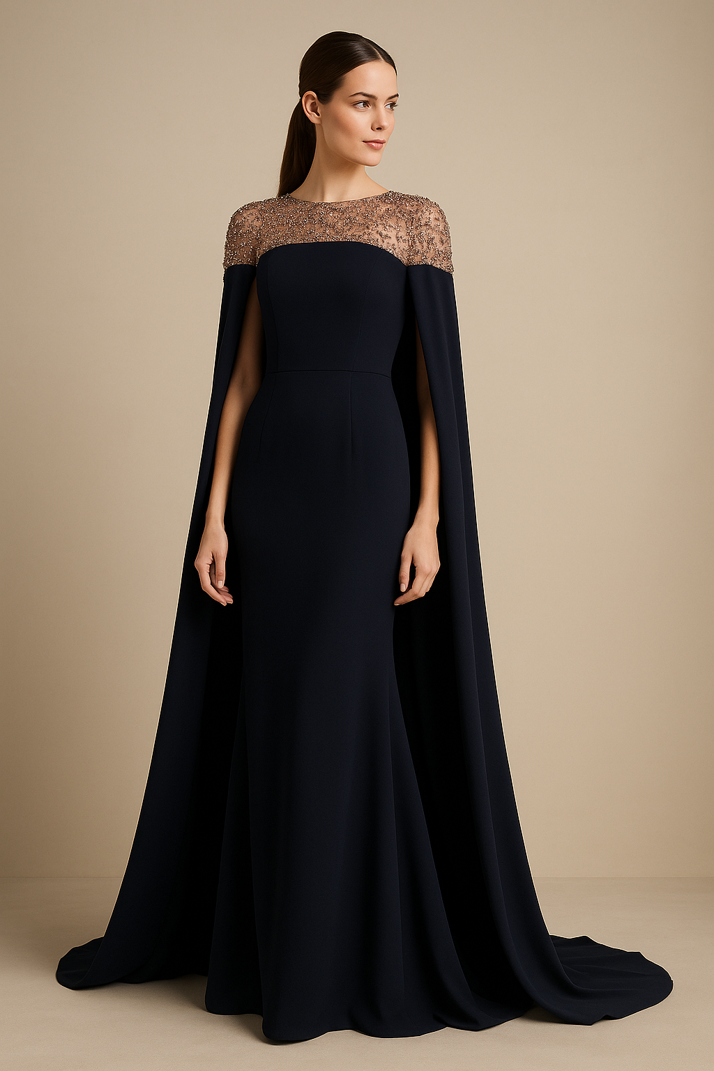 Model wearing Jovani 46522 evening gown with sheer beaded neckline, cape sleeves, and fitted silhouette.