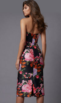 Woman wearing a strapless floral dress against a gray background