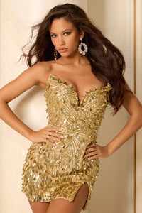 Model wearing Jovani 46715 crystal corset mini dress with sheer waist and shimmering embellishments.