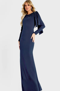 Model wearing Jovani 46738 evening gown featuring a bateau neckline, beaded shoulder detail, long sleeves, and an elegant cape drape.