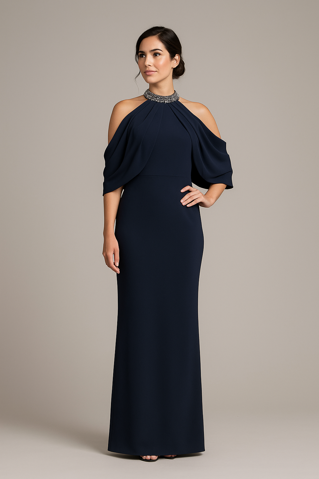 Model wearing Jovani 46742 cold-shoulder gown with embellished high neckline and fitted floor-length silhouette.