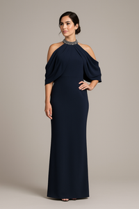 Model wearing Jovani 46742 cold-shoulder gown with embellished high neckline and fitted floor-length silhouette.