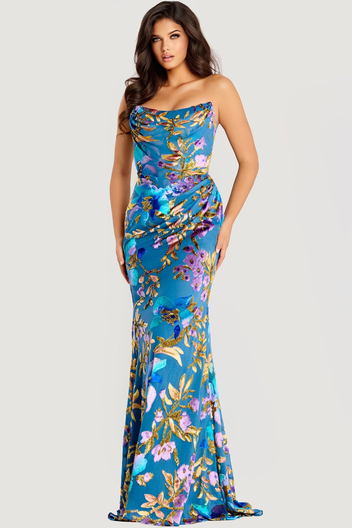 Jovani - 47654 - Strapless Floral Print Draped Mermaid Gown
