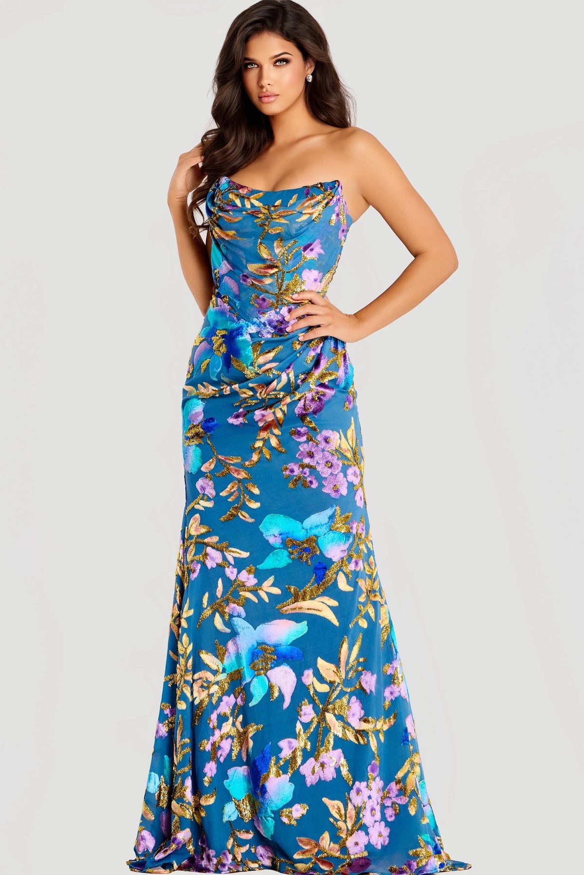 Jovani - 47654 - Strapless Floral Print Draped Mermaid Gown