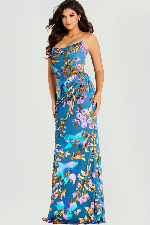 Jovani - 47654 - Strapless Floral Print Draped Mermaid Gown
