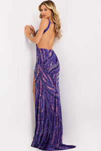 Woman wearing a purple sequin evening gown against a white background