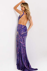 Woman wearing a purple sequin dress against a white background