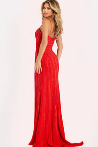 Jovani - 48328 - Spaghetti Strap Beaded Gown with High Slit