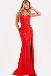 Jovani - 48328 - Spaghetti Strap Beaded Gown with High Slit
