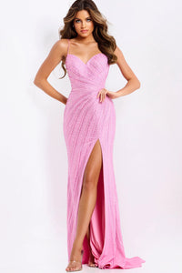 Jovani - 48328 - Spaghetti Strap Beaded Gown with High Slit