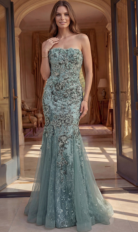 Model wearing Jovani 48476 strapless mermaid gown with intricate embellishments.