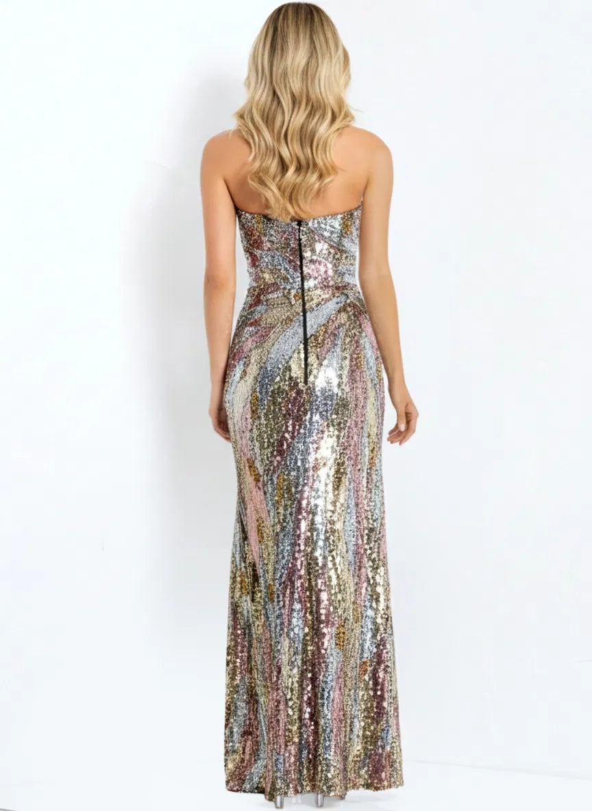 Model wearing Jovani 48550 strapless fitted sequin gown with high slit and sweep train, shown from front and back views.