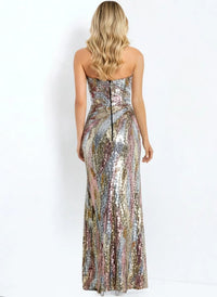 Model wearing Jovani 48550 strapless fitted sequin gown with high slit and sweep train, shown from front and back views.