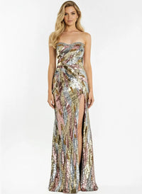 Model wearing Jovani 48550 strapless fitted sequin gown with high slit and sweep train, shown from front and back views.