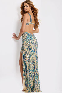 Jovani - 49256 - Beaded Open Back High Slit Evening Gown