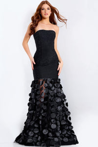 Black strapless gown with floral details on a white background