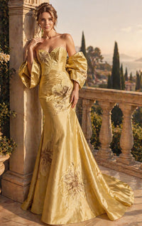 Woman in a yellow evening gown standing on a balcony with scenic background